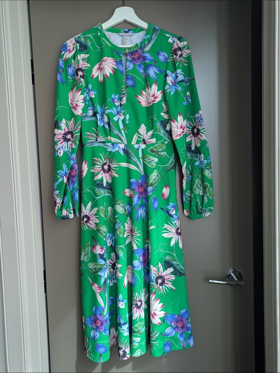 H&M Dresses & Skirts - H&M Green Botanical Floral Long Sleeve Midi Dress size 4 Wedding Guest Tea Dress